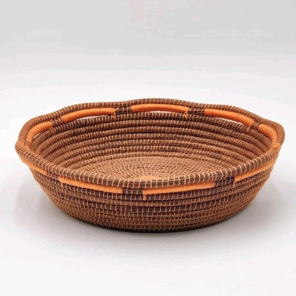 Handwoven Honduran Pine Needle Basket Round Coiled Scalloped Rim Colorful Boho